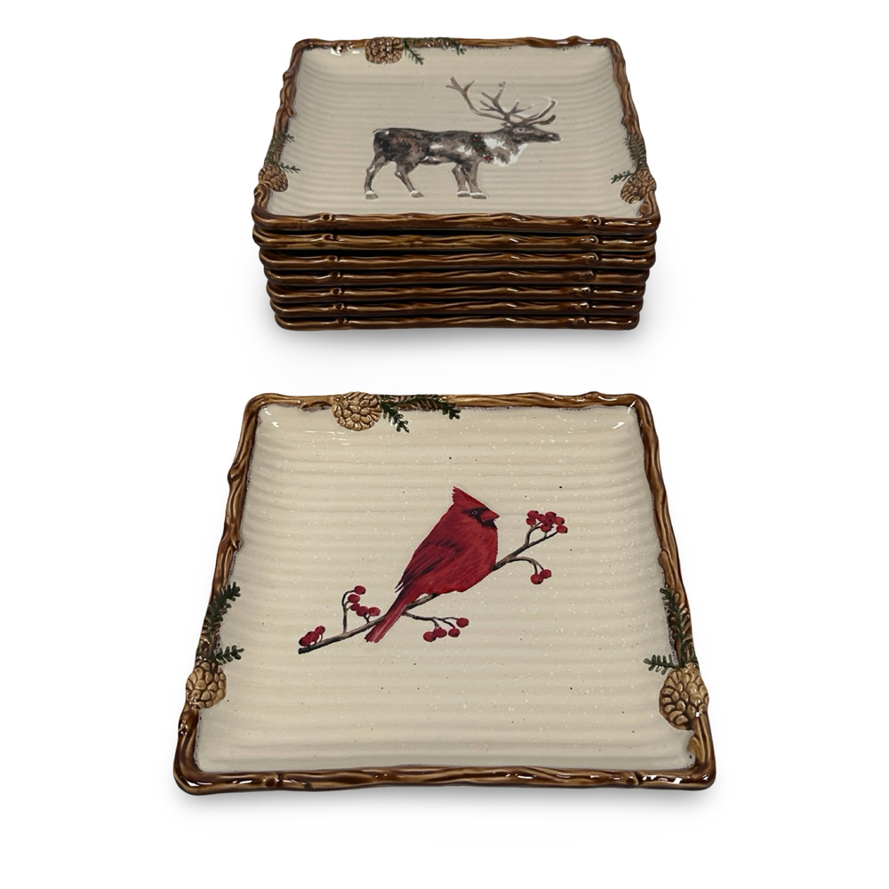 St Nicholas Square Snow Valley Salad Plates Cardinal Reindeer Pine Tree Lot 8‎